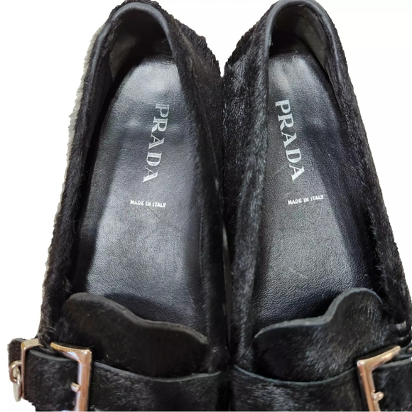 PRADA Pony Calf Hair Driving Loafers COA Sz 37/7 US Logo Charm Black Driver - Picture 9 of 16